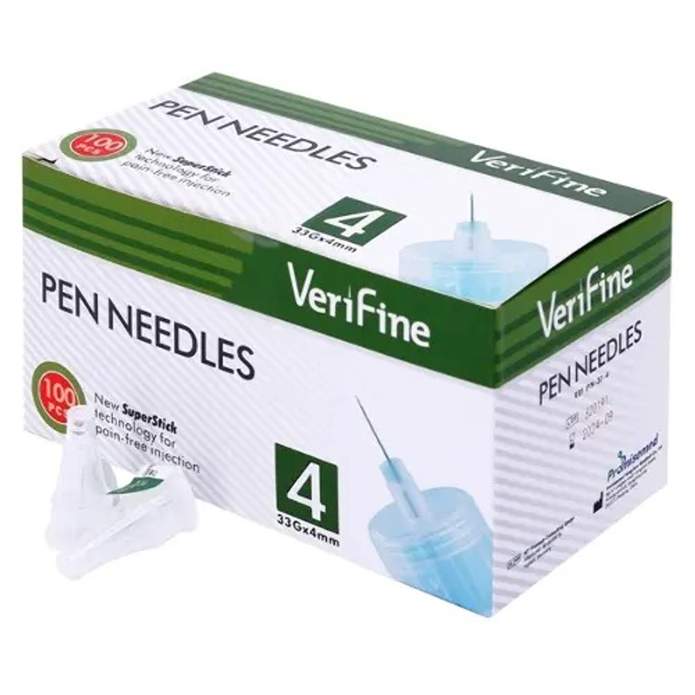 Иглы Verifine для инсулиновых шприц-ручек 0,20 мм (33G) × 4 мм, 100 шт.