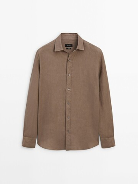 Massimo Dutti Рубашка классического кроя из 100% льна, персиковый
