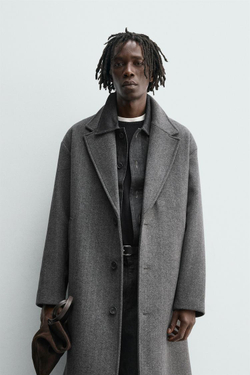 ZARA ПАЛЬТО ИЗ ШЕРСТИ С УЗОРОМ В ЕЛОЧКУ, АНТРАЦИТОВО-СЕРЫЙ