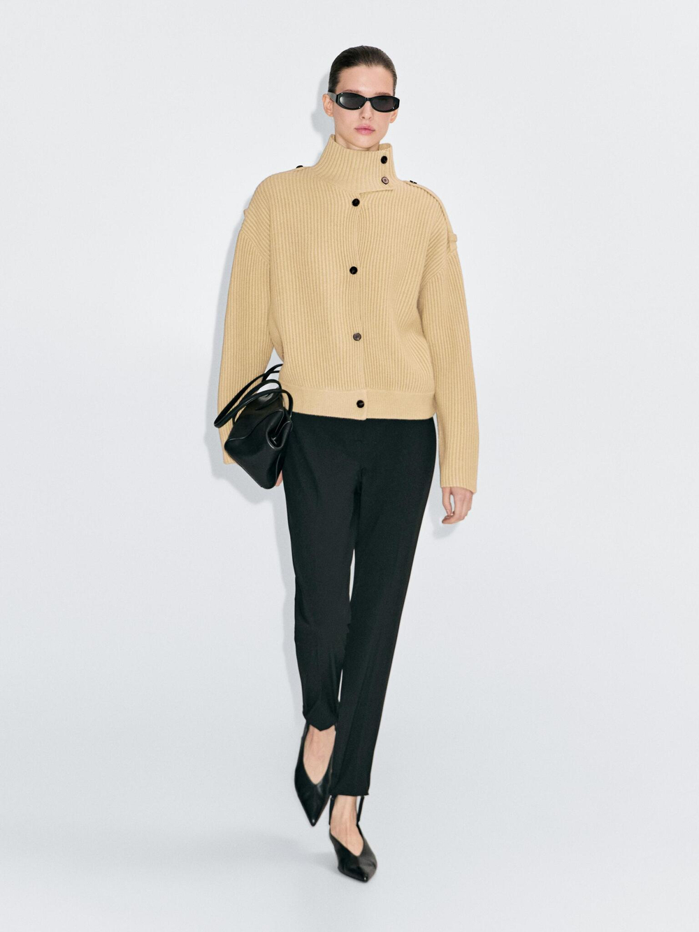 Massimo Dutti Кардиган из 100% шерсти с высоким воротником, оливковый