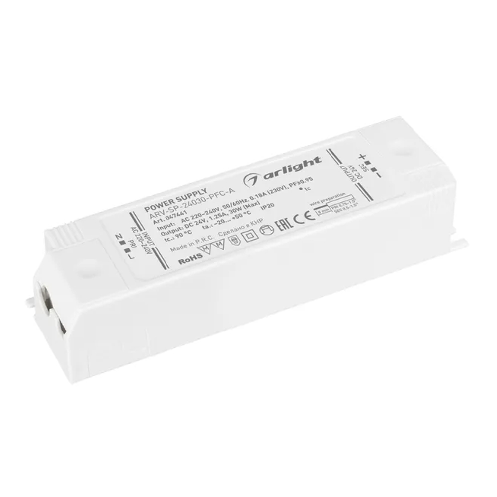 Блок питания ARV-SP-24030-PFC-A (24V, 1.25A, 30W) (Arlight, IP20 Пластик, 5 лет) 047441