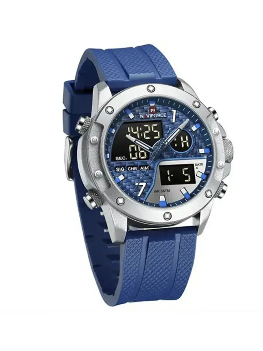 Часы наручные кварцевые NAVIFORCE на силиконовом ремешке, серебристый/синий W8740-01