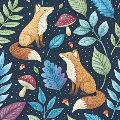 Лисички, грибы и листья на черном 1