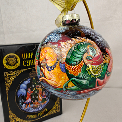 Шар новогодний с круговой росписью Палех "Тройка. Москва" в коробке