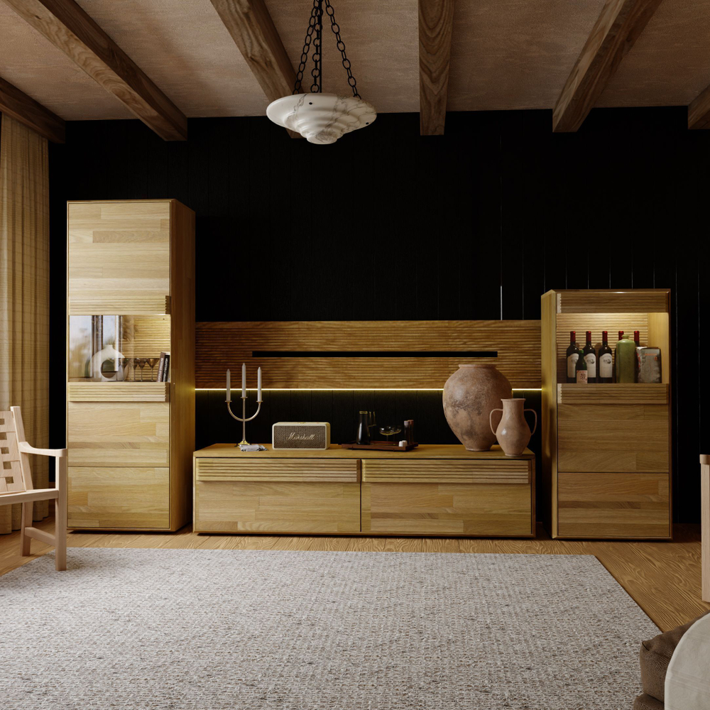 Михаэлла тумба под телевизор из массива дуба премиум качества, с навесной системой, и подсветкой, Беларусь