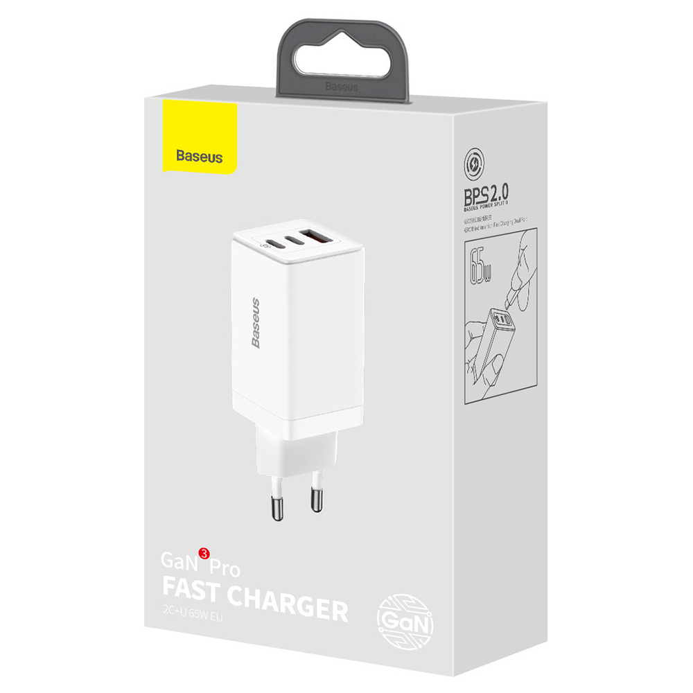 Зарядное устройство + Кабель Baseus GaN3 Pro Fast Charger 2C+U 65W Set - White