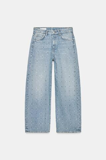 ZARA ДЖИНСЫ TRF BAGGY СО СТРАЗАМИ И СРЕДНЕЙ ПОСАДКОЙ, ГОЛУБОЙ