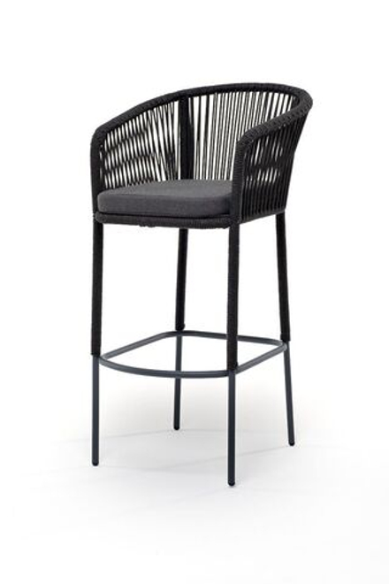 "Марсель" стул барный плетеный из роупа, каркас из стали серый (RAL7022), роуп темно-серый круглый, ткань темно-серая 019