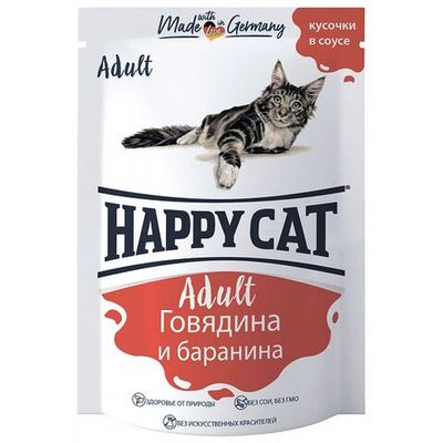 Влажный корм Happy Cat для кошек с говядиной и бараниной в соусе, Пауч 100 г