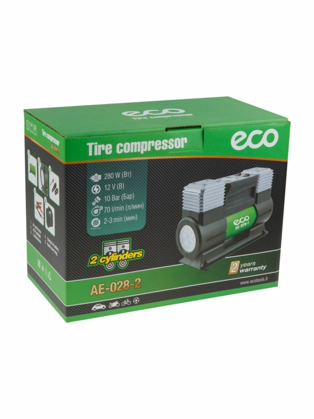 Автомобильный компрессор Eco AE-028-2 70 л/мин черный/зеленый
