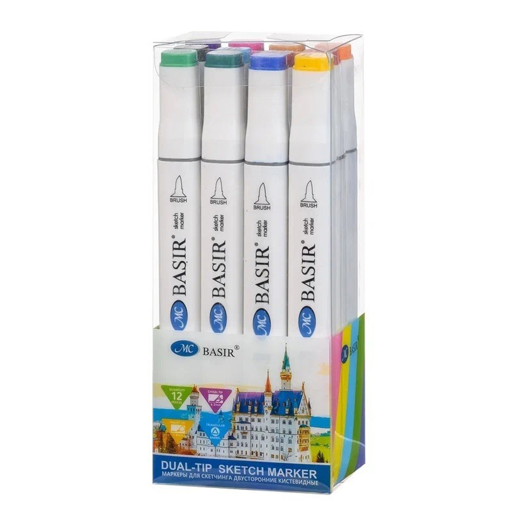 Маркер для скетчинга, двусторонние, Basir, четырехгранные, 14 мм, спиртовые, 12 шт