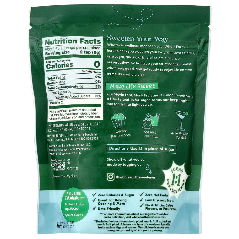 Whole Earth, листья стевии, архат и аллюлоза, 340 г (12 унций)