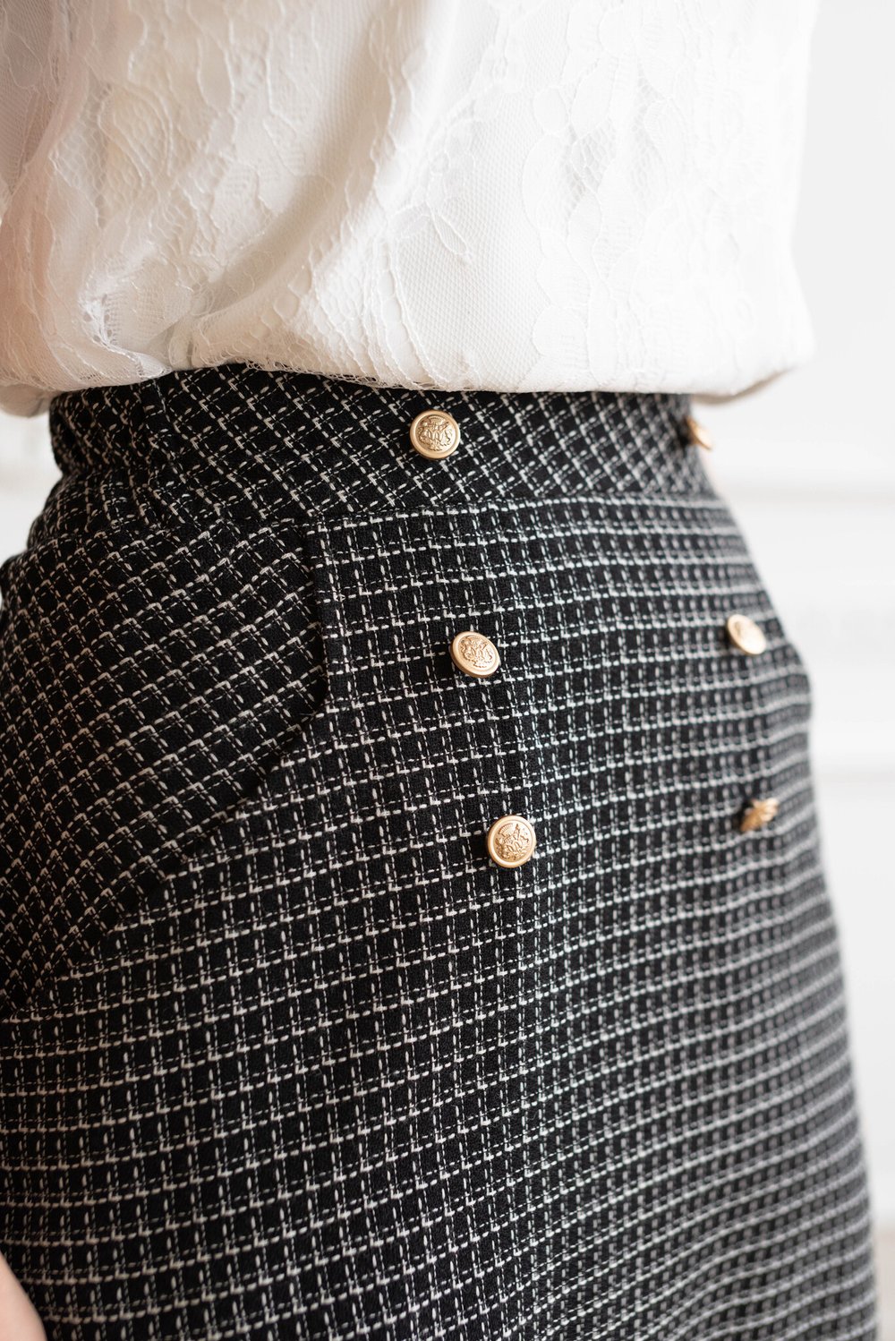 Юбка трапеция в черно-белую клетку из шерсти