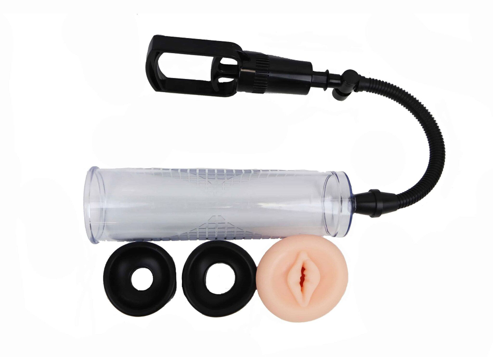 Прозрачная вакуумная помпа для пениса с 3 насадками Intern (Цвет: прозрачный)
