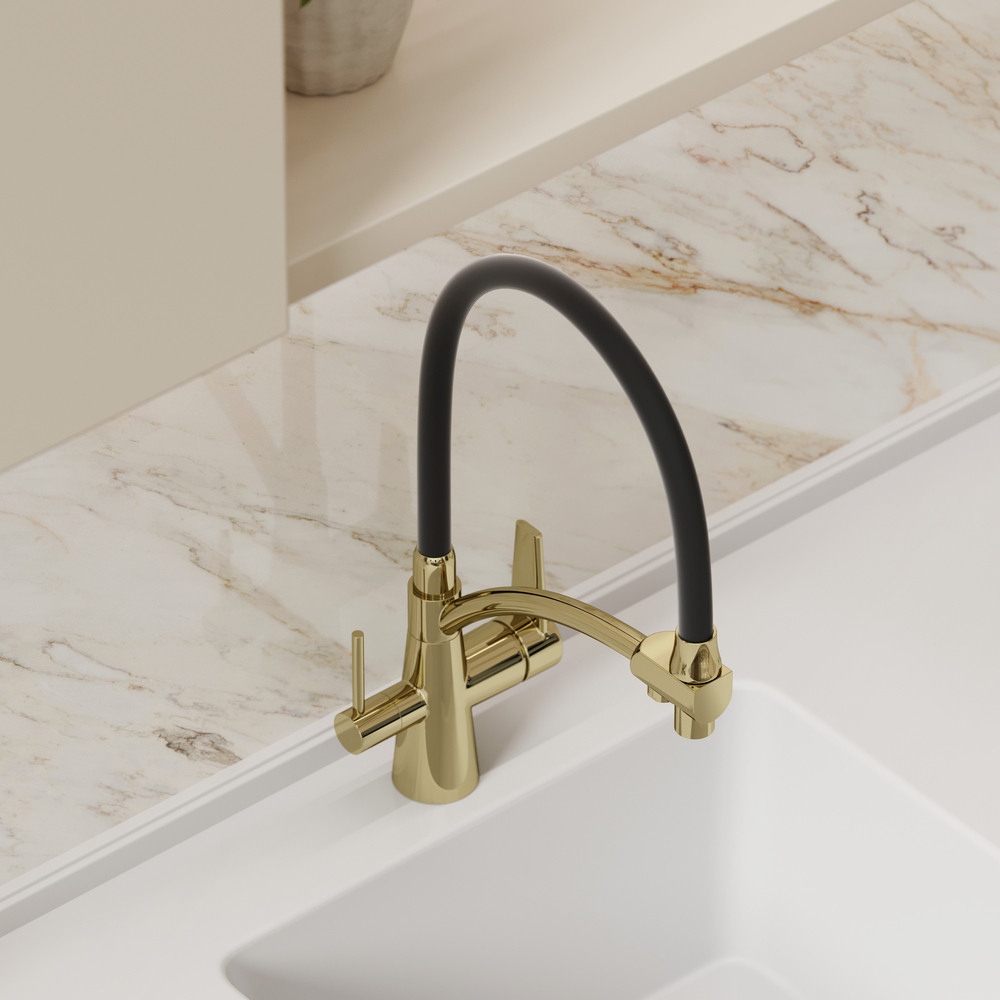 Смеситель для кухни Sancos Eri с гибким изливом, цвет полированное золото/черный, PVD покрытие, арт. SC4001ZG