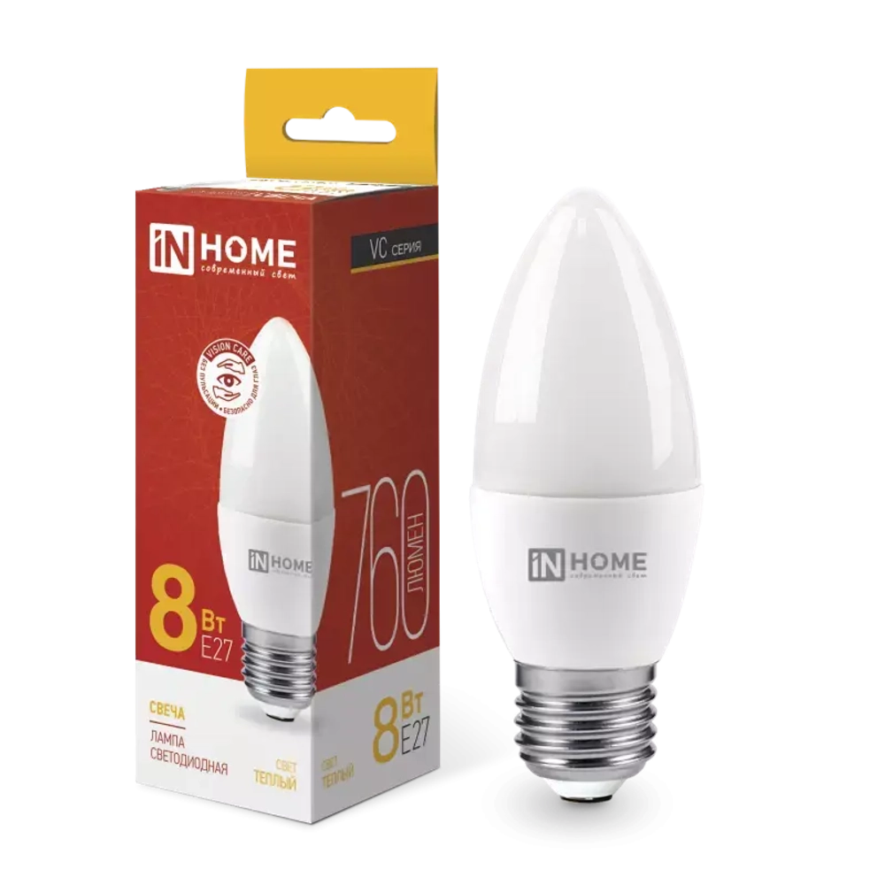 Лампа светодиодная LED-СВЕЧА-VC 8Вт 230В Е27 3000К ТЕПЛЫЙ 760Лм IN HOME