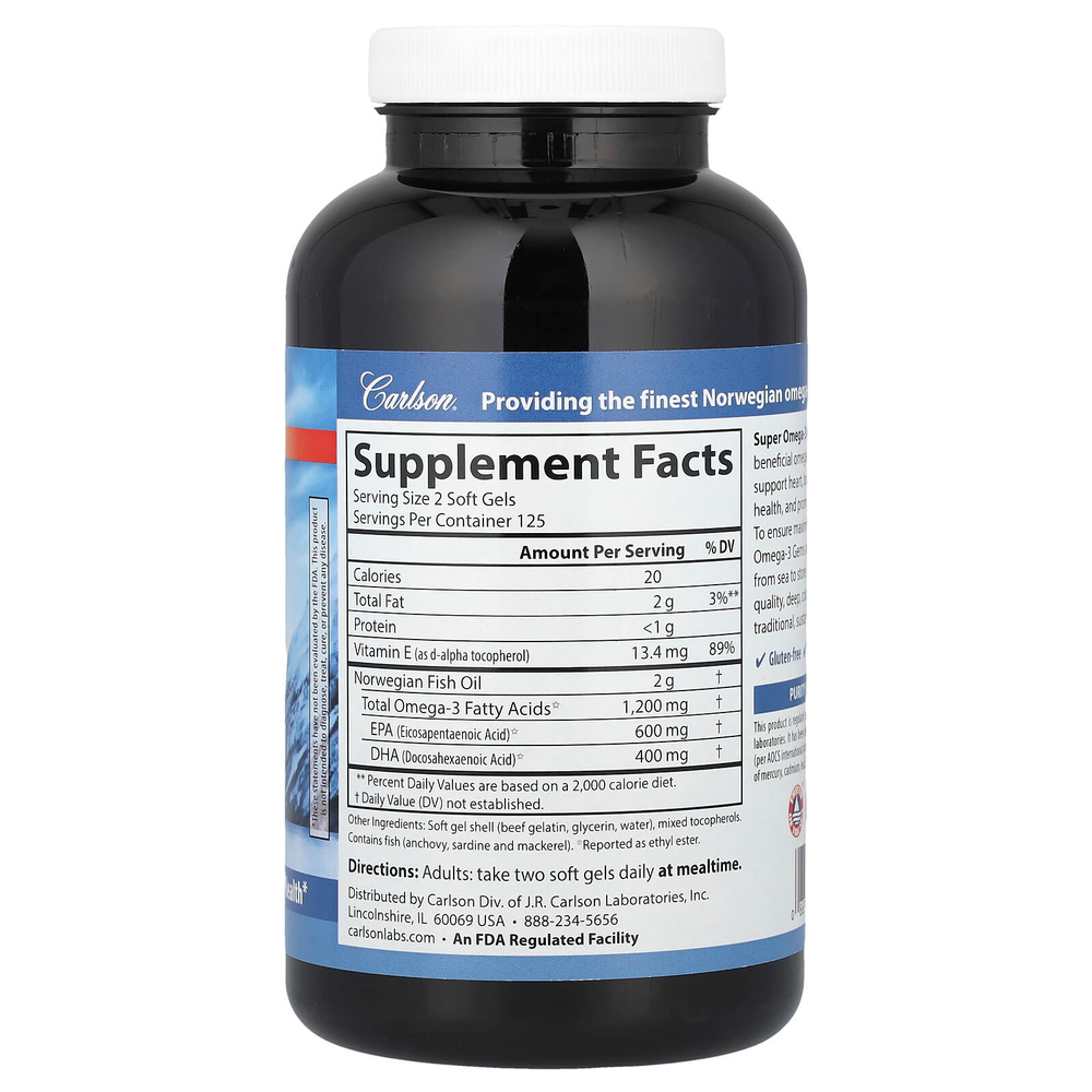 Carlson, Super Omega-3 Gems®, высокоэффективные омега-3 кислоты из рыбы дикого улова, 250 капсул