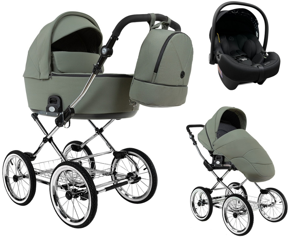 Детская коляска Roan Bass Next Classic d14 2.0 3 в 1 с автокреслом Tutis Elo Lux EduSky Black BSNC/92/2 Sage Green/Black/руч.Black