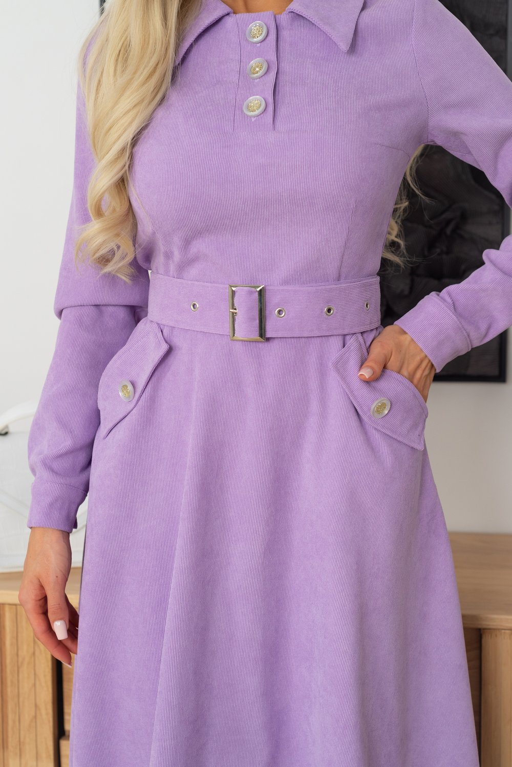 Платье сиреневое из микровельвета с карманами