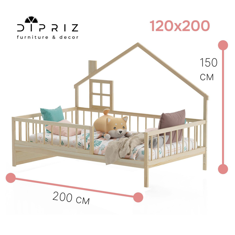 Кровать-домик односпальная 120х200 Локи с настилом из массива сосны для детской комнаты, в натуральной отделке