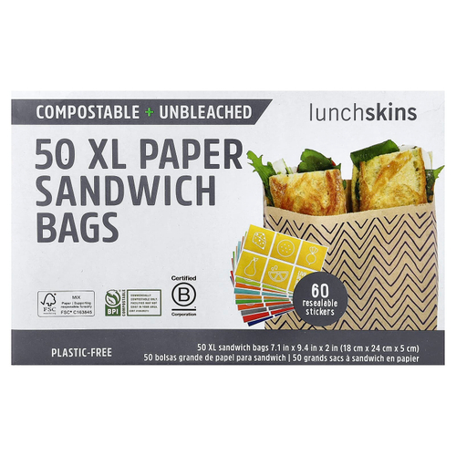 Lunchskins, бумажные пакеты для сэндвичей, размер XL, с защитной пленкой, 50 шт.