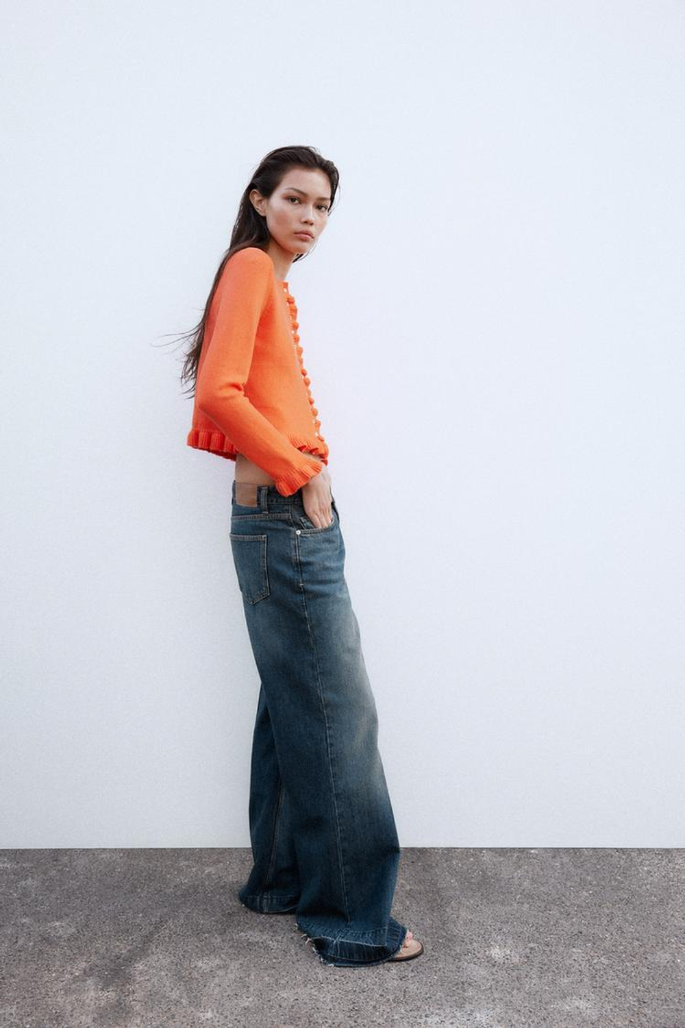 ZARA ТРИКОТАЖНЫЙ КАРДИГАН С ВОЛАНАМИ, ОРАНЖЕВЫЙ