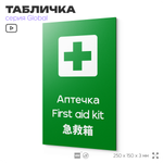 Табличка Аптечка первой помощи, на дверь и стену, информационная и мультиязычная (русский, английский, китайский), серия GLOBAL, 25х15 см, Айдентика Технолоджи