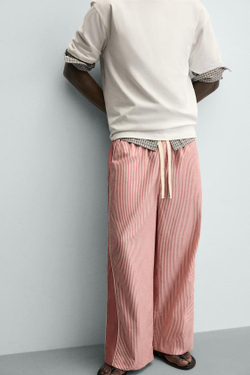 ZARA БРЮКИ В ПОЛОСКУ С КОНТРАСТНЫМИ ЛАМПАСАМИ, КРАСНЫЙ