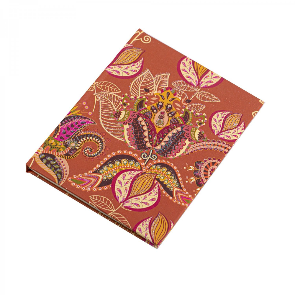 Блокнот в футляре, 13,0 см * 16,5 см, 7БЦ, Alingar, ламинация, глиттер, замочек, линия, 40 л., "Сверкающие цветы", оранжевый