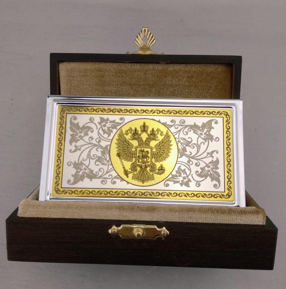 Стильная металлическая визитница "Герб РФ" с цирконием