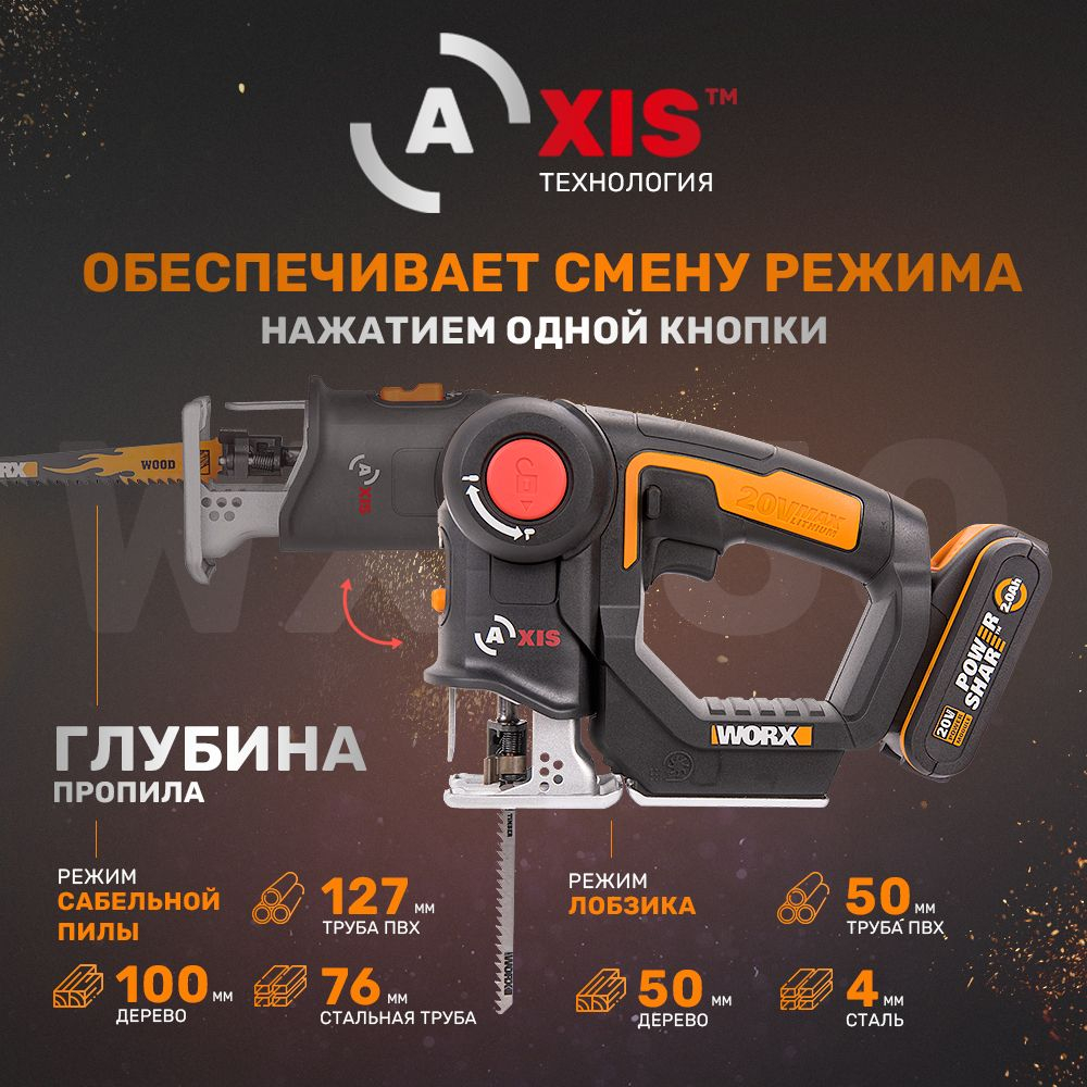 Лобзик-сабельная пила аккумуляторный WORX WX550 Axis