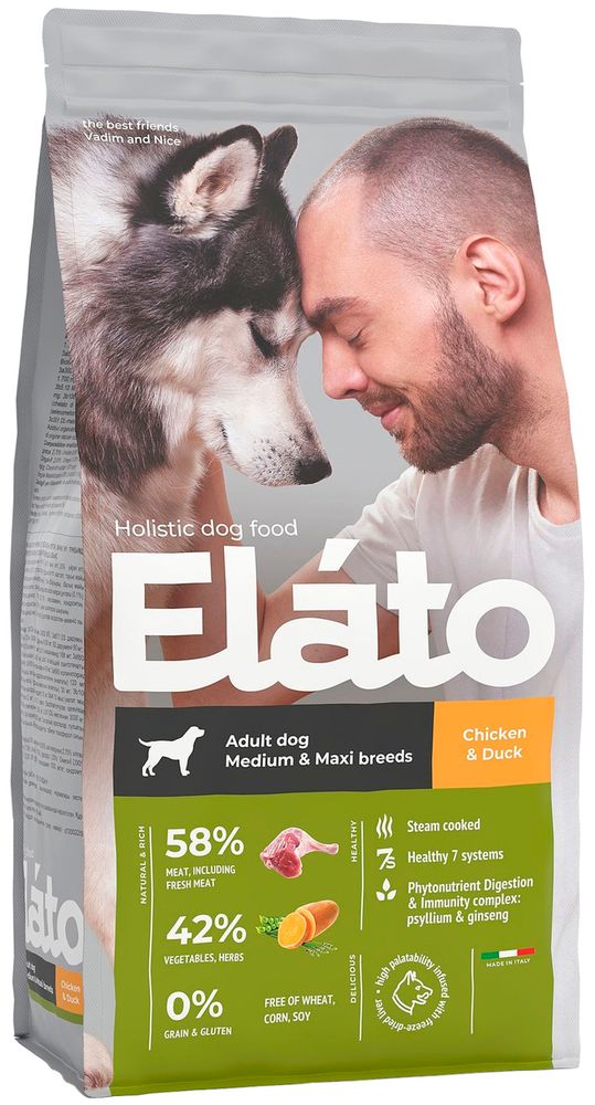 Elato 2 кг Holistic Сухой корм для собак средних и крупных пород, с курицей и уткой
