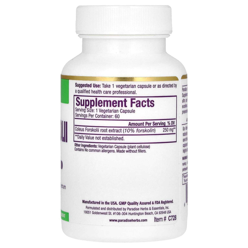 Paradise Herbs, Колеус форсколий, 60 вегетарианских капсул (250 мг на капсулу)
