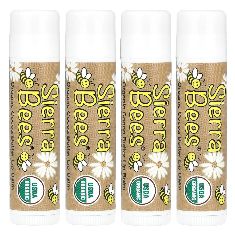 Sierra Bees, Органические бальзамы для губ, какао-масло, 4 штуки в упаковке весом 0,15 унции (4,25 г) каждая