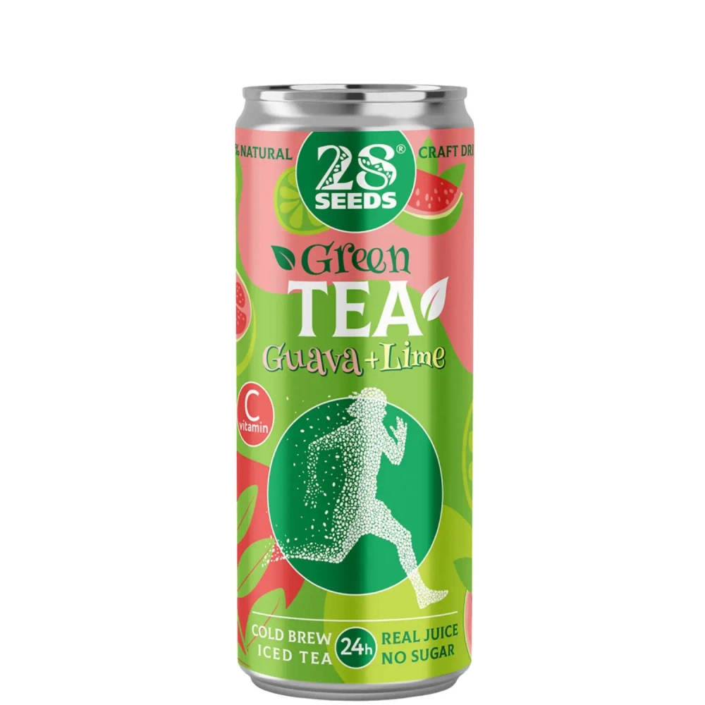 Зеленый чай «Колд брю» Гуава и Лайм 28SEEDS, холодный чай в банке, вид спереди