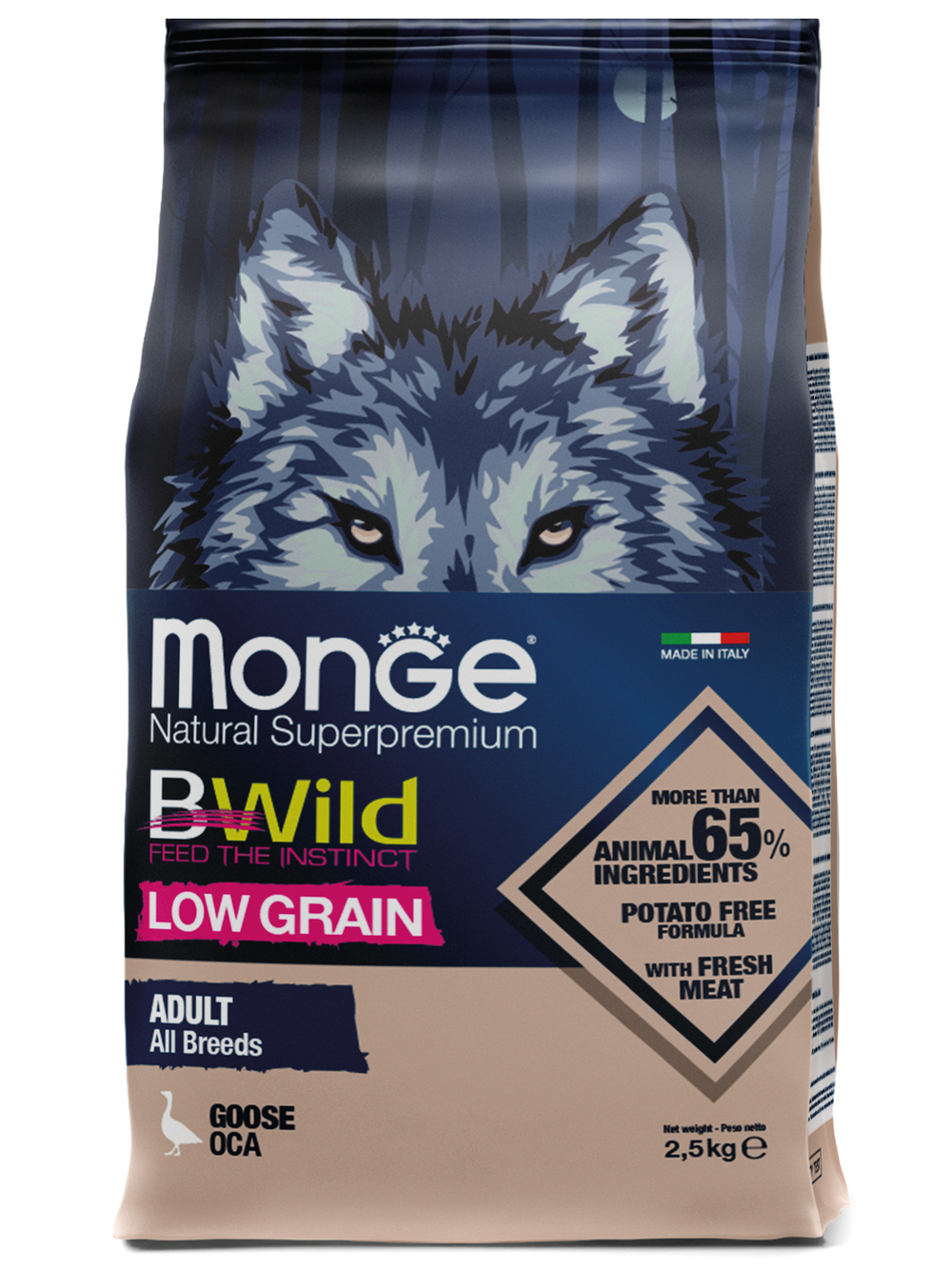Сухой корм Monge Dog BWild LOW GRAIN, для взрослых собак, низкозерновой, из мяса гуся 2,5 кг