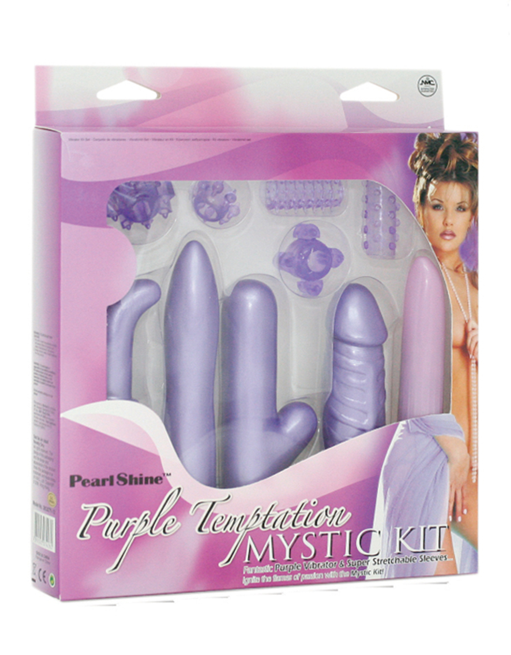 Сиреневый вибратор с насадками и интимными аксессуарами - 13,5 см.