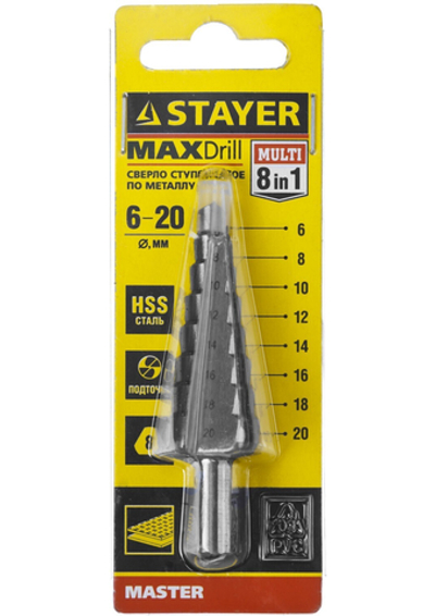 STAYER 6-20 мм, 8 ступеней, сталь HSS, ступенчатое сверло (29660-6-20-8)