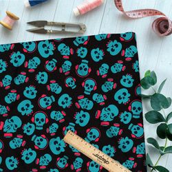 Ткань шифон зелёные черепа в розовых наушниках и респираторах