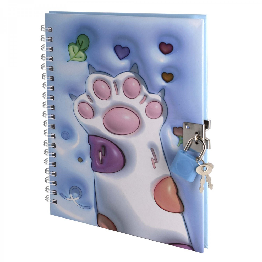 Блокнот в футляре, 19,5 см * 22,5 см , гребень, Alingar, ламинация, конгрев, эффект 3D, замочек, 46 л., клетка, "Лапки", голубой