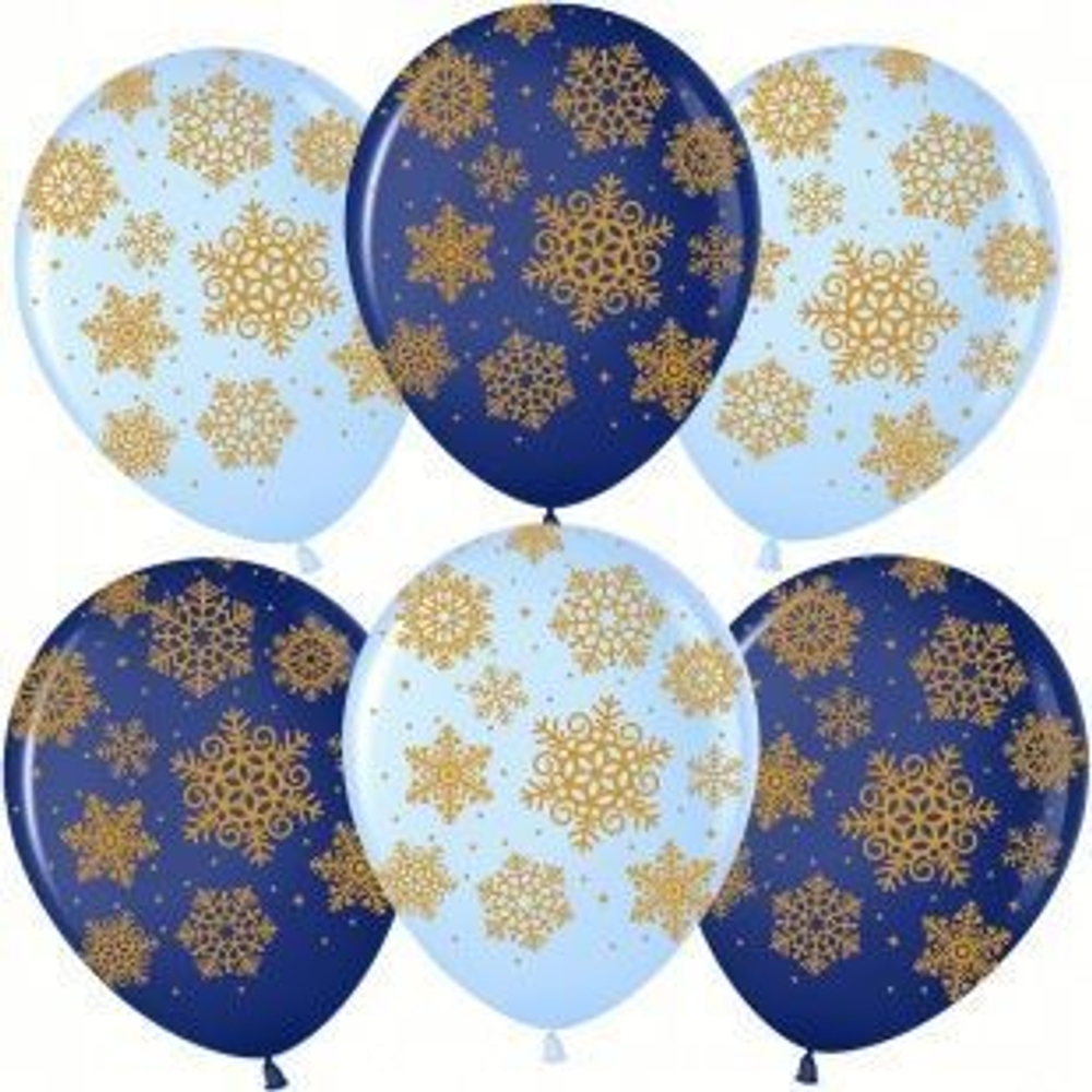 Шар (12""/30 см) Золотые снежинки, Ассорти, пастель, 5 ст, 25 шт.