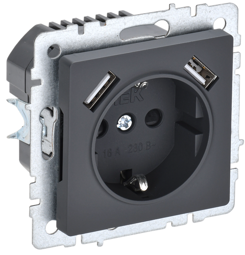 BRITE Розетка 1-местная с заземлением с защитными шторками 16А с USB A+A 5В 2,1А РЮш10-1-БрГ графит IEK