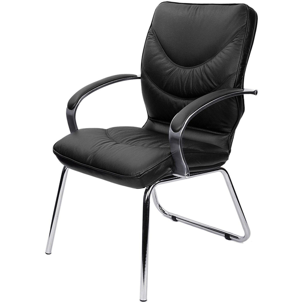 Конференц-кресло LEEDS CHROME D с низ спинкой на опорах ч.кожа+к/з/хром