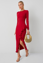 Платье с воланом красное