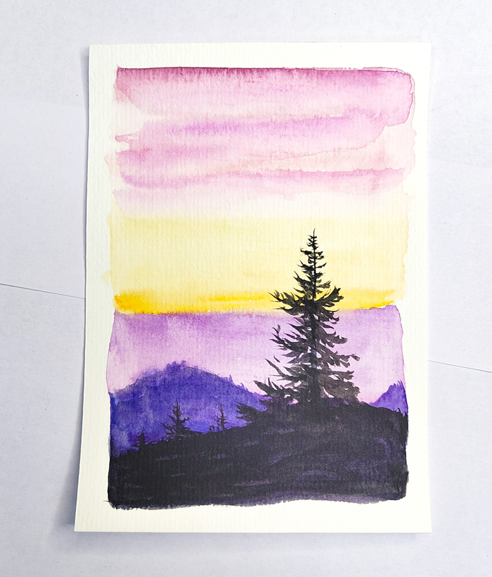 Авторская открытка от Стрелки Натали. Акварель. Ёлка на закате