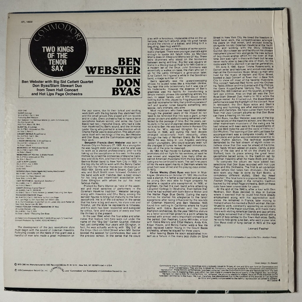 Винтажная виниловая пластинка LP Ben Webster, Don Byas Two Kings Of The Tenor Sax (USA 1979)