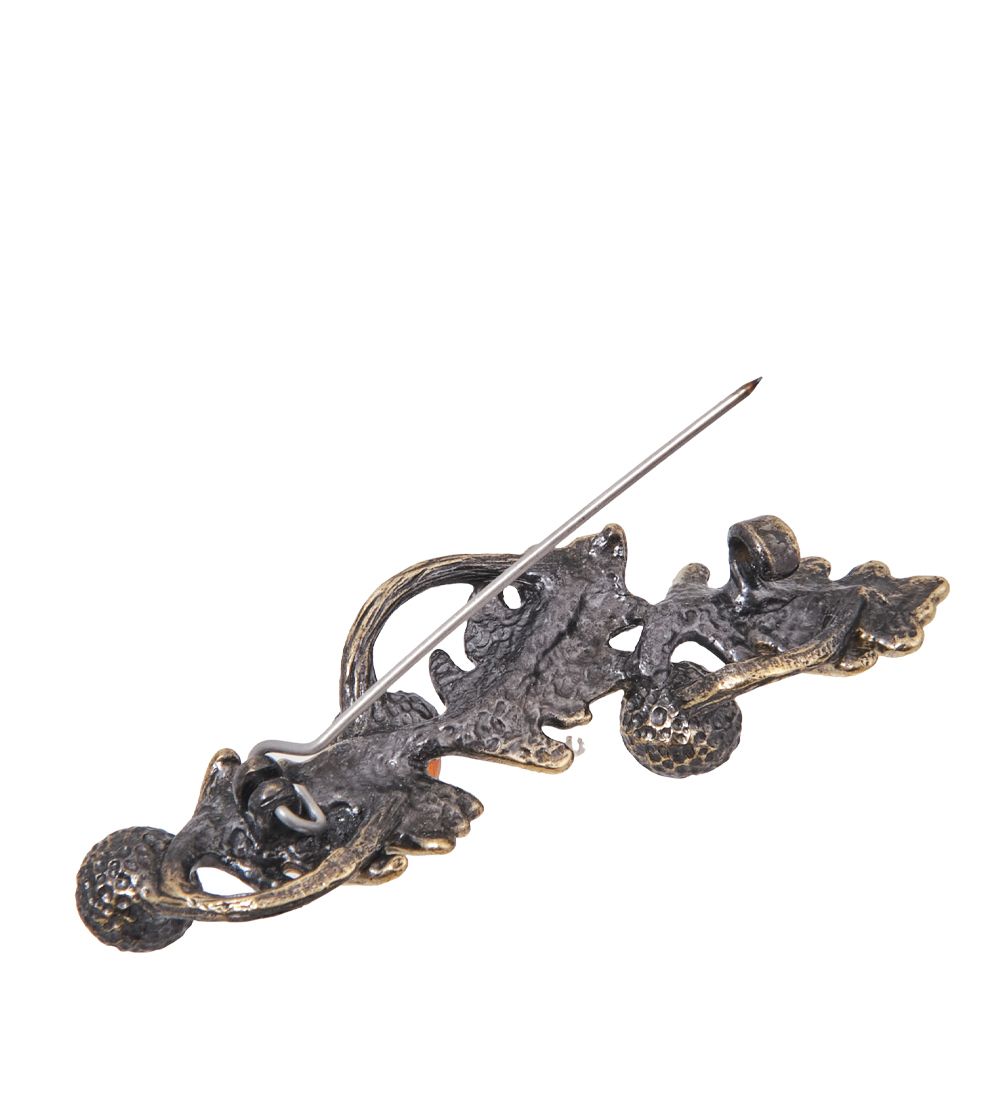 AM-4065 Брошь «Листики Дуба Трио» (латунь, янтарь)