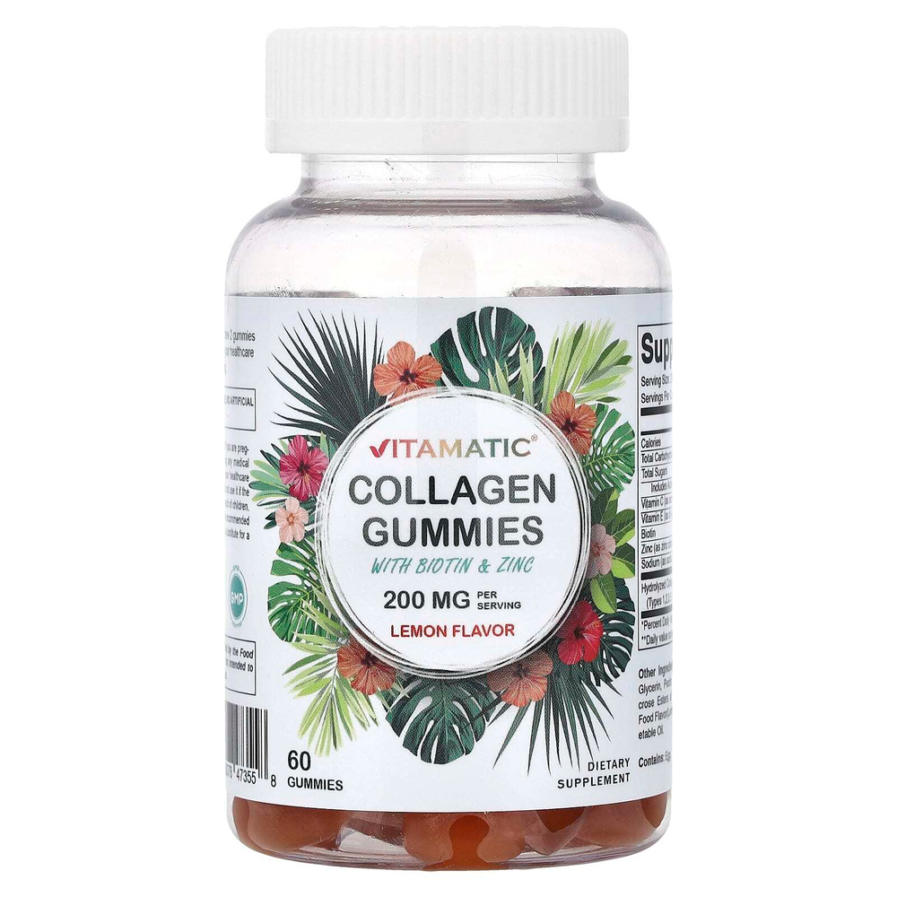 Vitamatic, жевательные таблетки с коллагеном, биотином и цинком, со вкусом лимона, 60 жевательных таблеток