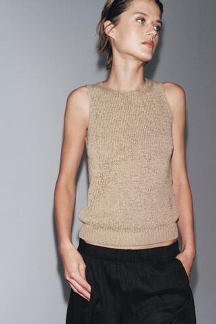 ZARA ТРИКОТАЖНЫЙ ТОП В СТИЛЕ РУСТИК, ПЕСОЧНЫЙ/КОРИЧНЕВЫЙ