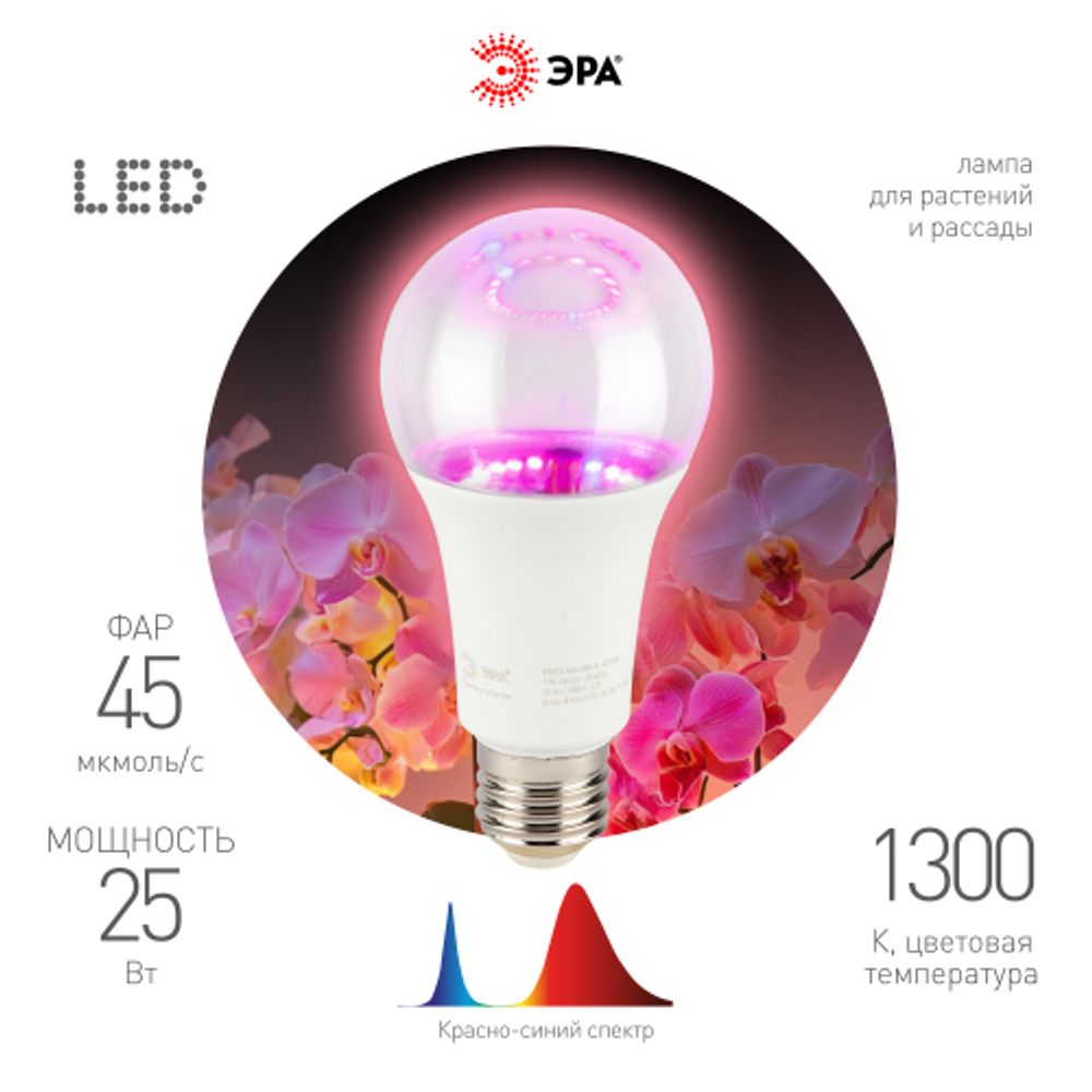 Фитолампа для растений светодиодная ЭРА FITO-25W-RB-E27 красно-синего спектра 25 Вт Е27 | Фитолампы Е27